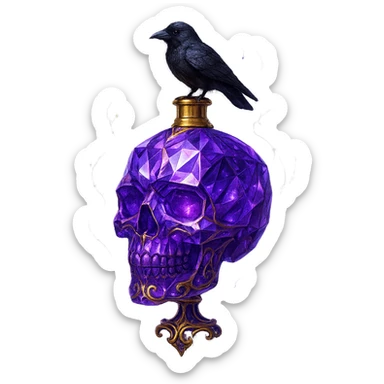 premium class crystal elixir bottle in the shape of a skull, violet, lots of glowing, facets, ornaments, golden details, magical effects, very small golden neck, transparent background, beautiful connected base, clearly floating in the air, no base or shadow, small crow sitting on top, very luxurious, matching the collection sticker