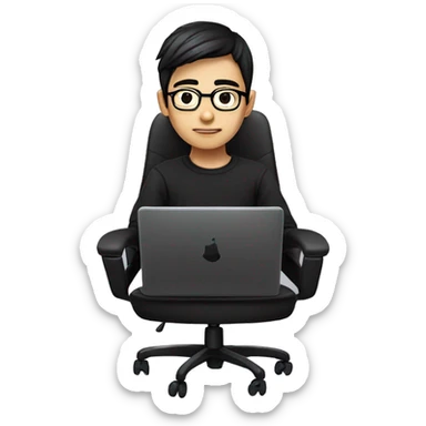 asian boy with glasses, long long straight hair, wearing black clothes , working on his laptop seating on a gaming chair sticker