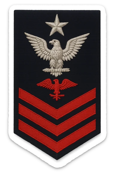 U.S. Navy Senior Chief Petty Officer (E-8) sleeve insignia, realistic style, silver eagle perched above a rocker and three red chevrons with a specialty mark in between, one silver star above the eagle, no background, transparent sticker