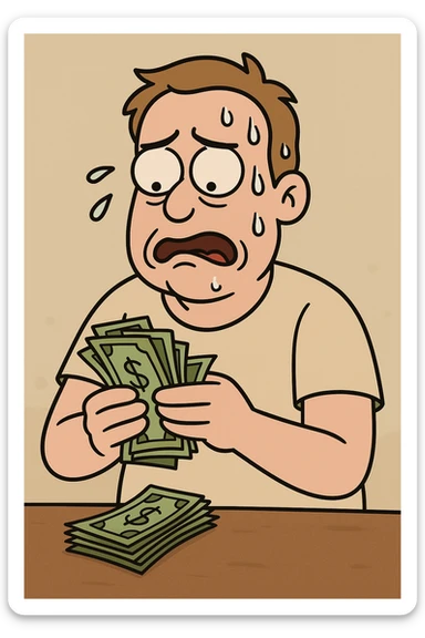 a flat toon man sweating while counting cash, worried expression sticker
