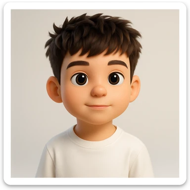 Create a highly detailed 3D emoji character of a human face based on the reference image, with smooth plastic-like textures, big expressive eyes, a slightly oversized head, and soft studio lighting. The style should resemble Apple Memoji and Pixar characters, featuring rounded shapes, vibrant colors, and a cute, friendly expression. The background should be clean and softly blurred. Ultra-realistic 3D render, sharp focus, 4K resolution. sticker