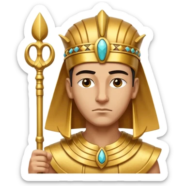 A regal pharaoh with golden headdress, calm stern eyes, and holding a crook and flail with authority.
 sticker