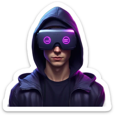 Russian young man wearing a black hoodie with "OMG" letters on it and VR headset in a cyberpunk VR environment with violet neon lighting. sticker