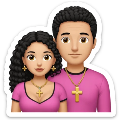A picture if a couple. the man is a Mexican man with tanned skin, black hair, a bald hair cut, short boxed beard, and wearing a black shirt. the woman is mixed with black and white, with curly long hair, a gold cross necklace, wearing a pink shirt and with big boobs sticker