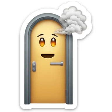 Minimalist emoji-style sticker of a half-open door, with smoke and a single glowing eye visible in the dark inside. Flat design, desaturated colors.
 sticker