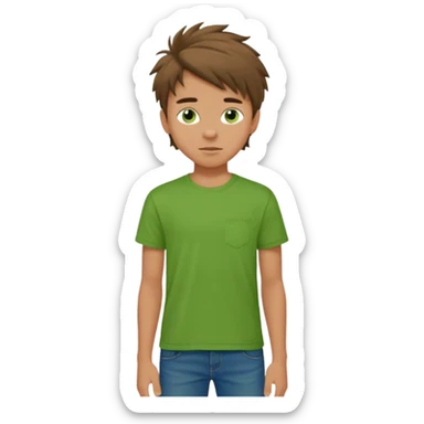 A 14 yerar old teenage boy, slightly tanned, wearing a green tshirt, blue jeans and green sneakers with brown tousled hair sticker