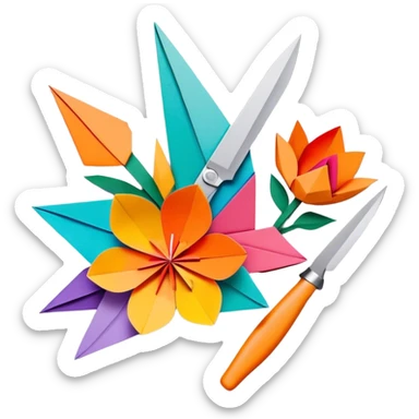 Paper crafting icon, colorful paper sheets, origami figures, 3D paper flowers, visible scissors and craft knife, minimalistic style, clean lines, transparent background. sticker