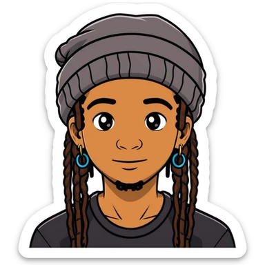 A stud with dreads,beanie over her head but dreads still can see ,and all black on brown skin with braces and earrings  sticker