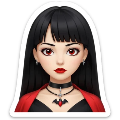 mulher cabelos pretos longos e lisos com uma franja curta acima dos olhos, olhos pretos com delineado, expressão séria, com um sorriso sensual e lábios vermelhos, ela usa uma gargantilha preta com um pequeno pingente de morcego preto e roupa com decote nos seios sticker