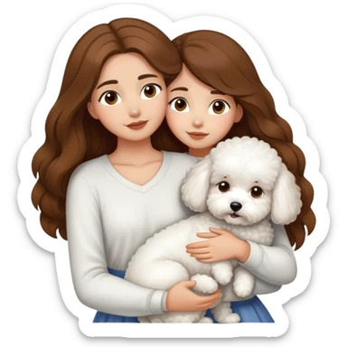 A beautiful olive skinned girl with long flowy brown hair, hugging three white bichon frise's sticker