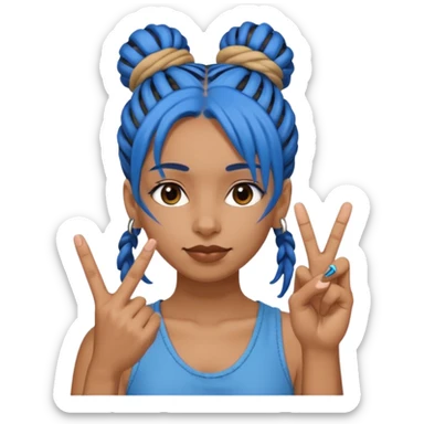 brown girl with blue dreads in a bun, giving peace sign with middle finger sticker