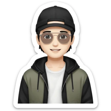 Portrait of a male K-pop idol, white skin, wearing a stylish streetwear outfit with layered clothing, makeup, wearing a black cap, smiling, sunglasses sticker