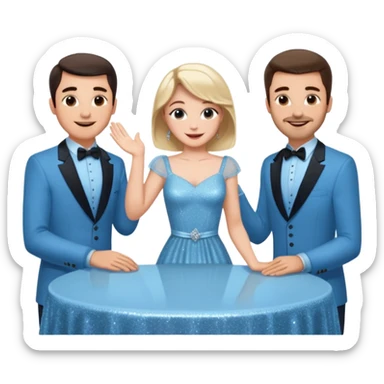 Sabrina’s carpenter in a light blue sparkly dress at a table with 3 handsome men facing each other and she is standing up putting her hand out  sticker