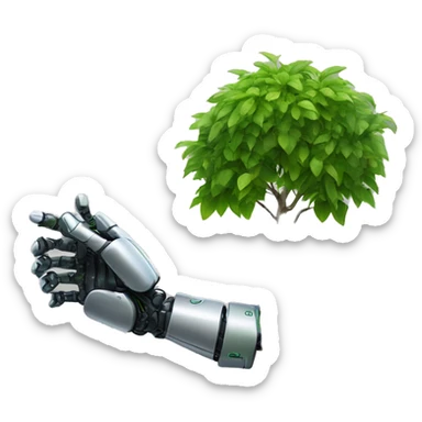 robot hand holding tree sapling out horizontaly sticker