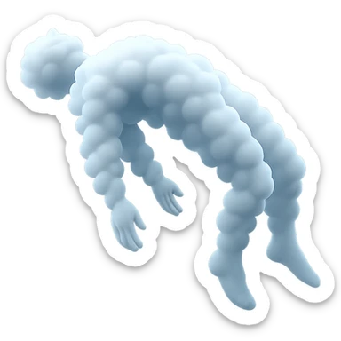 side view of unconscious person flying upwards by torso, legs and arms downwards, made of small very bright white fluffy convex clouds, matte glass style sticker