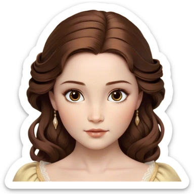 Cinematic Realistic Belle Portrait, depicted with lifelike skin texture, soft natural lighting, and intricately detailed brown hair styled elegantly. Her deep, expressive eyes exude warmth and intelligence, complemented by a serene and graceful expression. She is dressed in her classic attire, with rich fabric textures and delicate folds that catch the light beautifully. The portrait features a soft, enchanting glow with a natural, radiant finish, capturing the essence of timeless beauty in a realistic and painterly style, evoking a sense of depth and authenticity. sticker