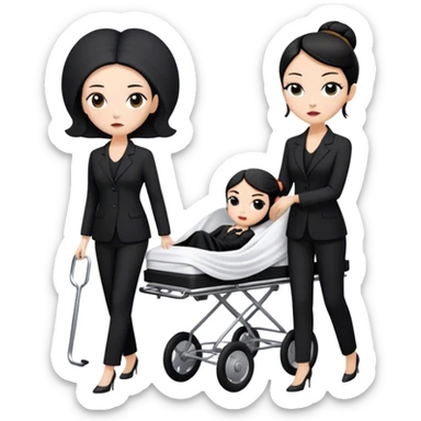 Two woman in black pants suits. One has black hair in a bun and one has brown long hair. They are pushing a stretcher with a dead body on it covers in sheets in to a black funeral Mercedes Vito car  sticker