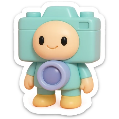 a camera, vinyl figure style, stylized and collectible figure look sticker