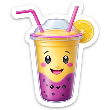 Cute Kawaii Smoothie Cup, filled with blended fruity goodness, a smiling face with excited eyes, bright colorful layers of pink, yellow, and purple, topped with a straw and tiny fruit slices! sticker