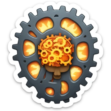 A brain made out of gears with flames coming out sticker