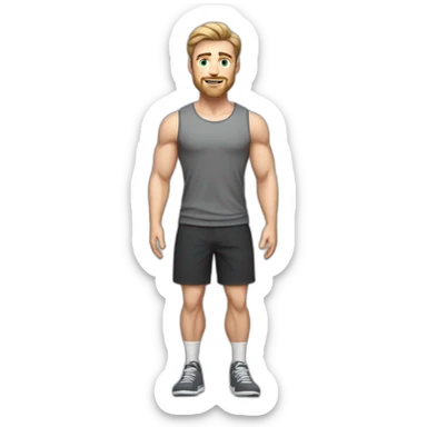 Full height Pale skinned fit man With biceps, Realistic eyes and mouth, light brown hair and stubble In dark gray sleeveless mike, black oversize sports shorts, watch and white sneakers. sticker