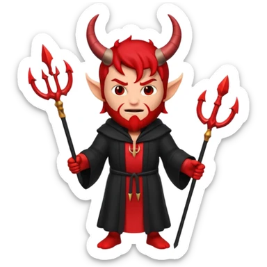 Full body 3D Memoji male devil in a dark robe, holding a trident symmetrically with both hands centrally. Red skin, horns, solid background. sticker