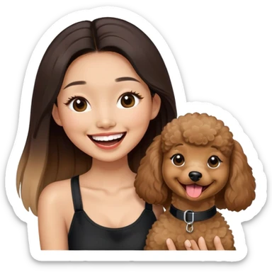 a asian girl with long straight balayage hair, long lashes, laughing, wearing black halterneck top, and holding a brown poodle sticker