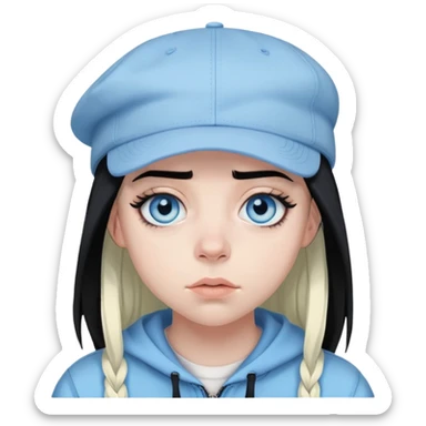 billie eilish wearing backwards cap, black hair, black eyeliner, light blue eyes sticker