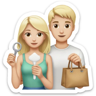 Blonde guy holding a bag of white powder and blonde girl holding a key sticker