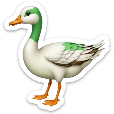 "Emoji of a running goose with a very long neck and two legs. The goose looks like a white goose dyed green, not a duck." sticker