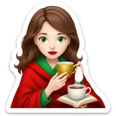 Long wavy brown haired, white skinned, green eyed girl with red lipstick wrapped in a blanket, sipping tea and reading a book sticker