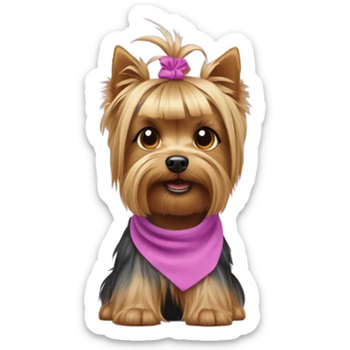 the face of a  Yorkshire Terrier  with a baby face with a ponytail on its head with a purple elastic band and pink short  sticker