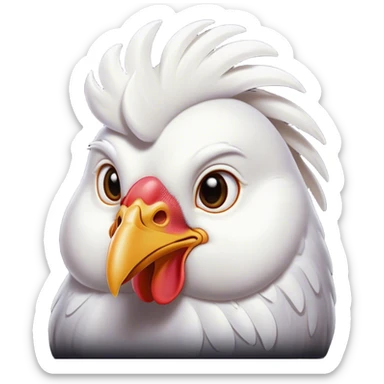 Cinematic Noble White Chicken Portrait Emoji, Poised and regal, with a compact, sturdy build and a pristine, well-groomed pure white plumage, deep-set soulful beady eyes, Simplified yet sharp and sophisticated features, highly detailed, glowing with a soft, dignified glow, high shine, intelligent and alert, stylized with an air of barnyard elegance, focused and attentive, soft glowing outline, capturing the essence of a watchful and confident fowl, so majestic it feels as though it could strut out of the screen with effortless authority! sticker