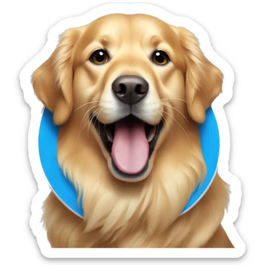 Golden retriever holding big blue frisbee in its mouth sticker