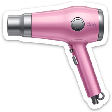 A pink Dyson Supersonic hair dryer, slight angle, realistic style, Features the distinctive hollow circular head with the barrel running through the center, sleek modern design, glossy pink finish with metallic silver accents on the nozzle ring.  sticker