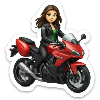 Brunette Girl with Green eyes, Long hair, wearing a black leather jacket is riding a red Kawasaki Sport motorbike sticker