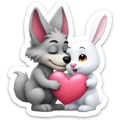 Old Wolf kisses a white Bunny who has pink ears, with big red heart between them sticker