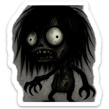 GIR as a zombie with long black shaggy emo hair, dark and spooky, creepy expression sticker
