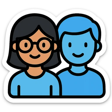 a light brown girl with black medium hair, clear glasses, wearing a light blue top, and a light blue boy next to her sticker