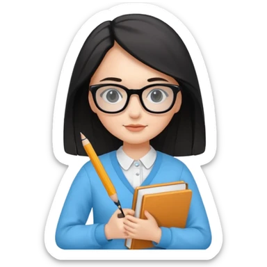cute girl, glass, smart, Sky-blue colored clothing,
holding a book in one arm and a pen in the other hand.Holding a pen in the right hand as if teaching.Wearing black glasses, with a smart and bright-looking face. sticker
