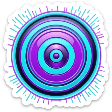 Futuristic glowing bullseye target emoji, neon purple and cyan holographic glow, dark background, digital tech style, abstract sparkles, no face. sticker