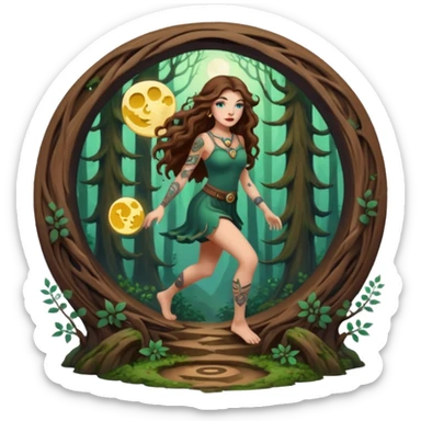 forest mystic woman long wavy brown hair tattoos stepping through small moon portal sticker