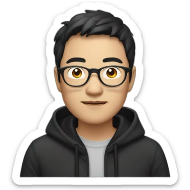 A mature Chinese boy with black hair and circle-shaped eyeglasses wearing black hoodie sticker