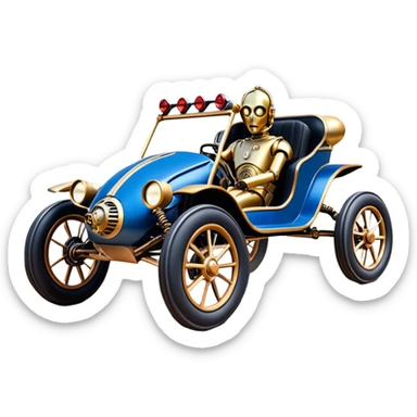  tarnished blue neon underglow C-3PO ghost buster 1964 delicately ornate rosegold wood accents Model-T off road buggy buckboard powered by electric motors and batteries with racing safety belts while flying rapidly roughening terrain stable on strong agile advanced suspension and steering sticker