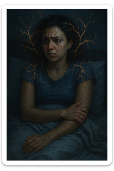 realistic and cinematic vertical illustration of a woman with PCOS in bed, agitated and insomniac, with symbols of nervous system imbalance, nighttime atmosphere, very few writings, 2:3 aspect ratio sticker
