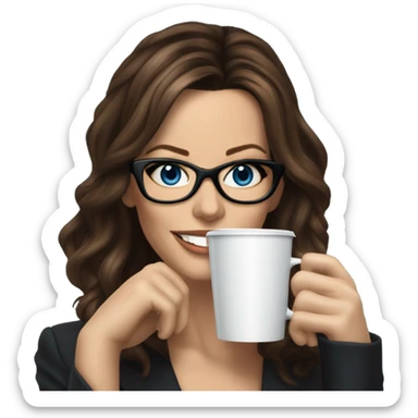 Hyper Realistic Kate Beckinsale blue eyes wearing glasses in a business dress drinking coffee happy  sticker