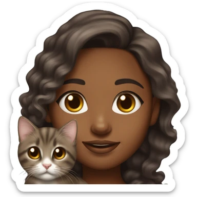 pretty brown skinned girl with long brown wavy hair long eyelashes and a chin dimple holding a dark gray kitten  sticker