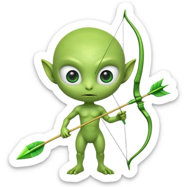 3D emoji-style green alien holding a bow and arrow, glossy texture, smooth skin, large expressive eyes, small humanoid body, minimalist background, soft lighting, Pixar-style rendering, high detail, cute but slightly serious expression, clean centered composition. sticker