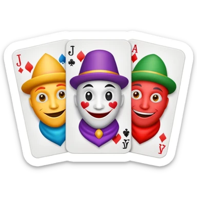 3 poker cards, with crazy colorful human jolly jokers inside, inversed face sticker