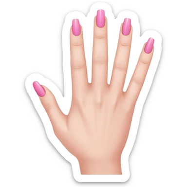  pink  close-up of a human hand with exactly five fingers, beautifully manicured nails, glossy pink nail polish, elegant nail shape, soft lighting, realistic style, isolated on transparent background" sticker